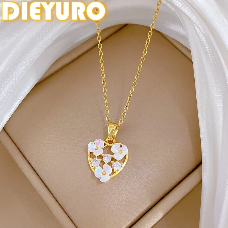 DIEYURO 316L ステンレス鋼ホワイトシェルフラワージルコンインレイハートペンダントネックレスレディース高級防水ネックチェーンジュエリー 1