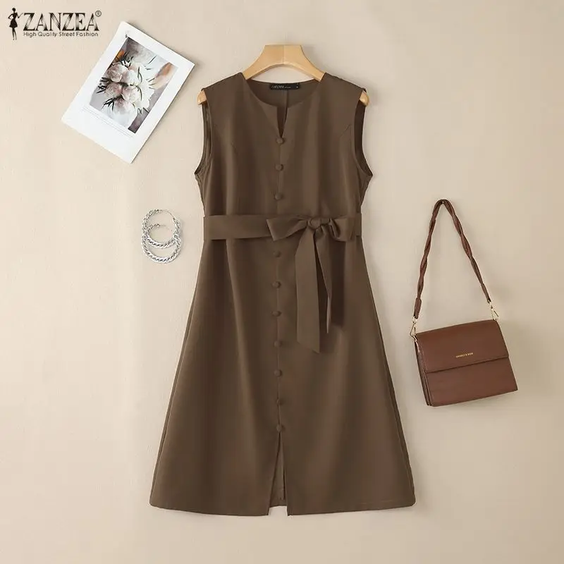 Robe d'été élégante pour femme avec ceinture, col en V, coutures princesse, couleur unie, sans manches, longueur midi, style débardeur, vêtements pour femme, tailles S-3XL