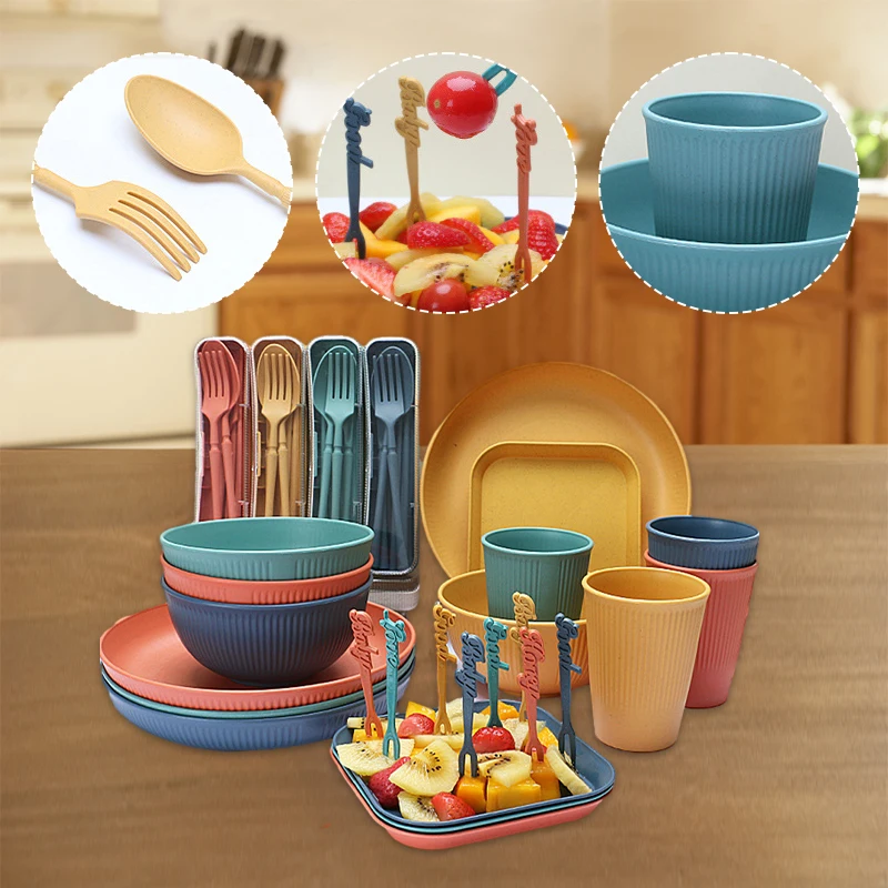 Outdoor Picnic 36Pcs Wheat Straw Dinnerware Set Unbreakable Plates Sets Rice Bowl Plates and Cups Portable for Students