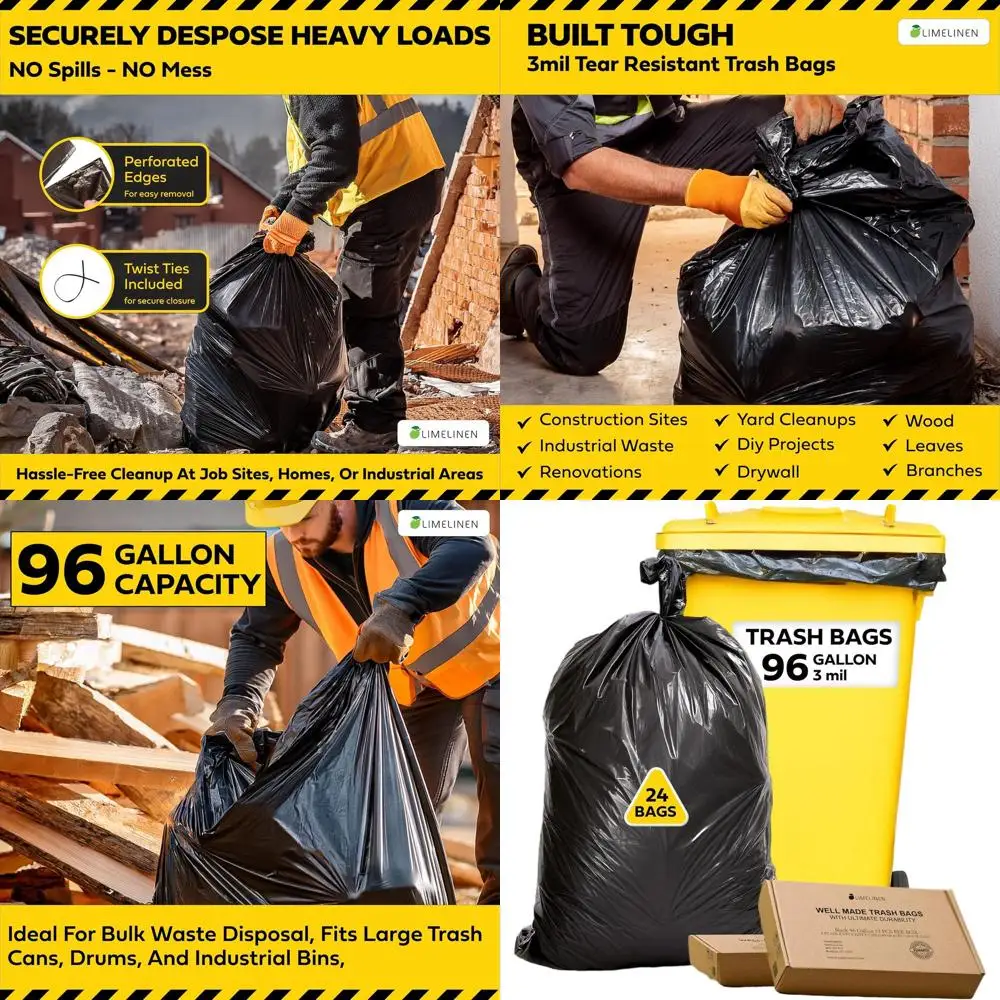

Heavy-Duty 96 Gallon Contractor Bags for Industrial Use, 24-Pack, Extra Thick 3 Mil, Ties Included