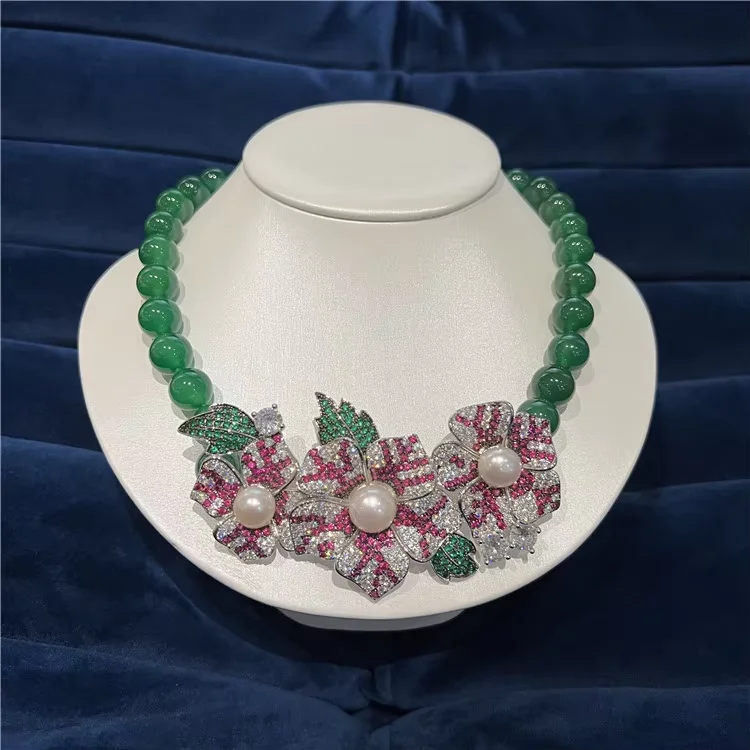 

19'' Green Agate Gems Stone Necklace CZ Red Flower Pendant