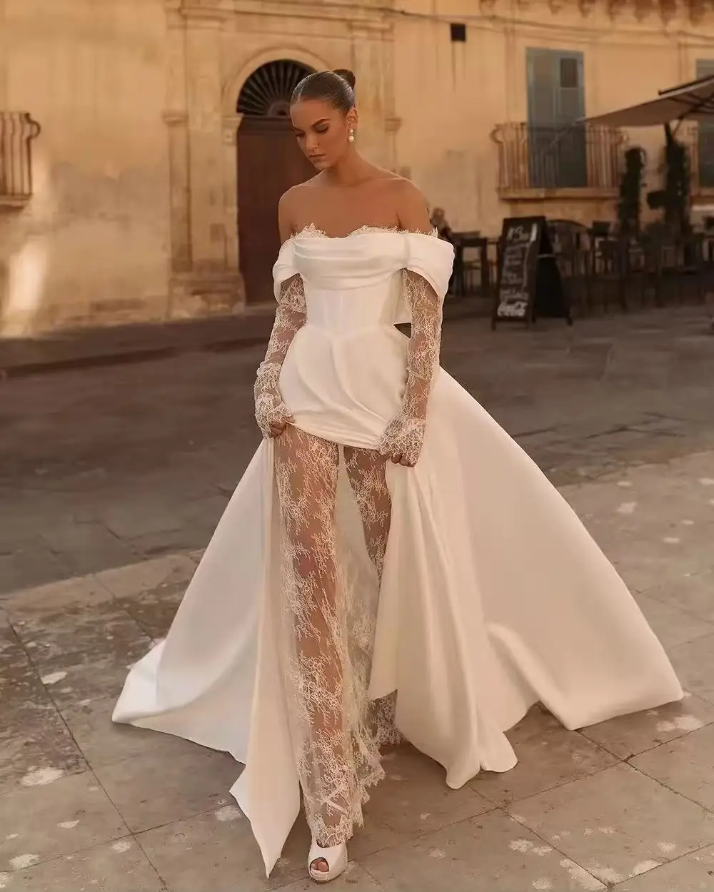 

A Line Satin Lace Wedding Dresses Customized Bridal Gowns Slit Long Sleeves Corset Back Bride Photography Gown 2026