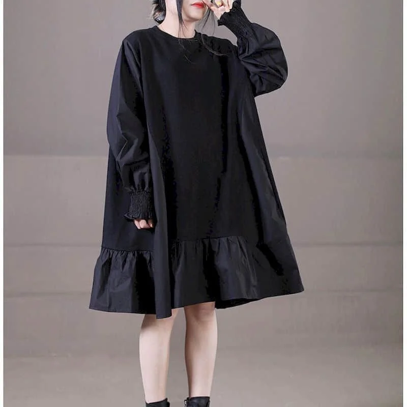 Solid Shirt Dress Vintage Casual Long Sleeve Loose O-neck Korean Style Button Design Knee Length Summer Dress for Women Clothing