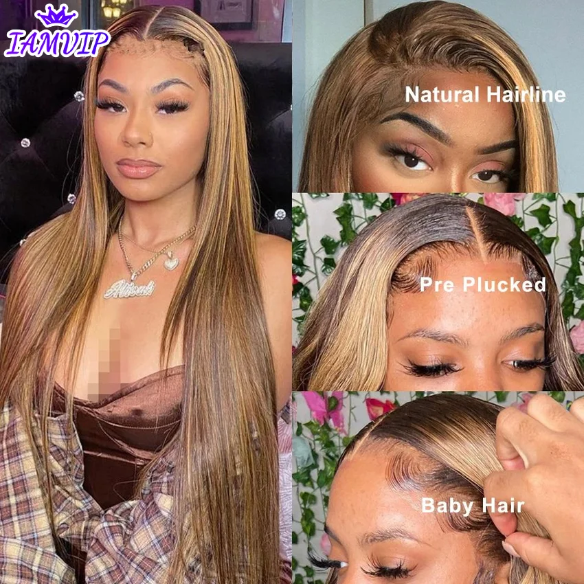 13x4 Hd Highlight Lace Front Wig For Black Women Straight Remy Human Hair P4/27 Piano Highlight Colored Lace Wig  Pre Plucked