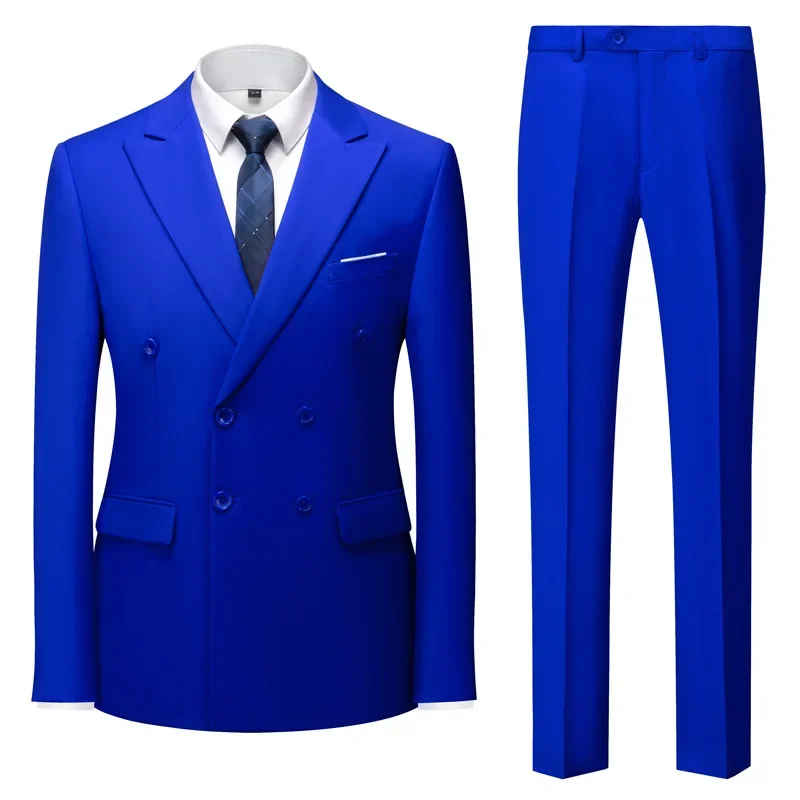 Western-style 2-piece Suit Business Formal Double-breasted Blazers Royal Blue Evening Dress For Men British Style