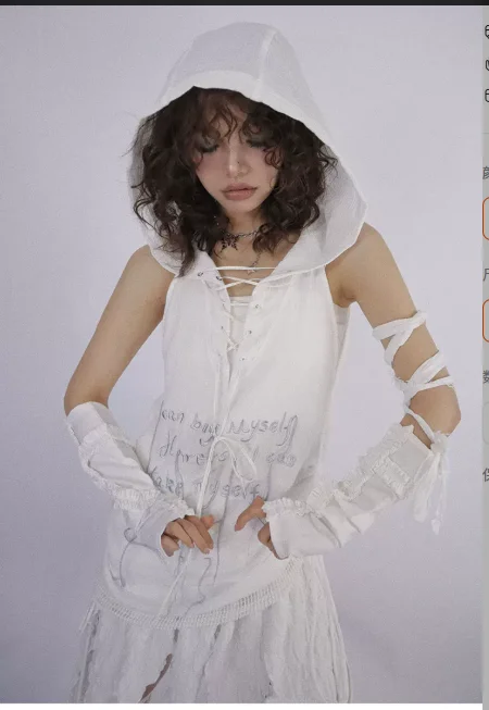New White Loose Hooded Pullover Sleeveless Lace-up Hollow Out Top Fashion Personality Girl Street Medium Long Sweet Cool Tops