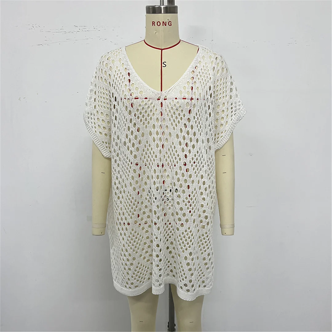 Kurzarm-Tunika mit Aushöhlungen, einfarbig, gehäkelt, gestrickt, Strand-Cover-up, Strandkleid, Strandmode, Damen V8535 – Detail 12