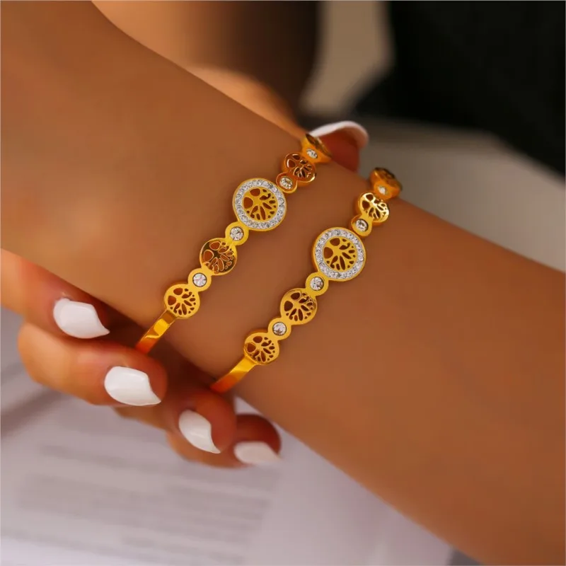 Hollow Life Tree Stainless Steel Bangle For Women Gold Plated Zircom Dubai Wedding Waterproof Women Bracelets Jewelry