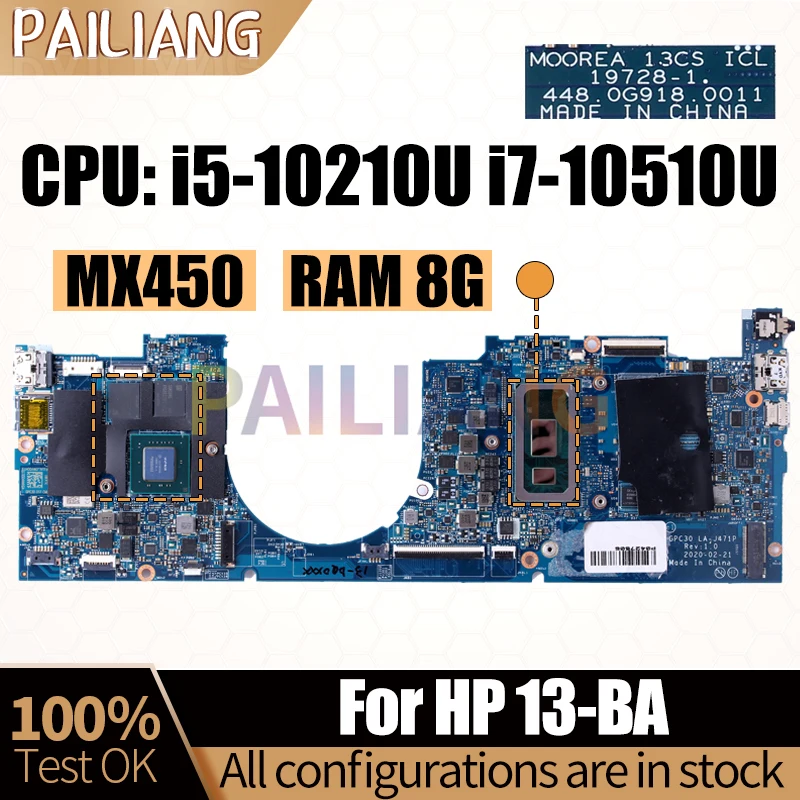 

For HP 13-BA Notebook Mainboard Laptop LA-J471P i5-10210U i7-10510U MX450 RAM 8G L94594-601 Motherboard Full Tested