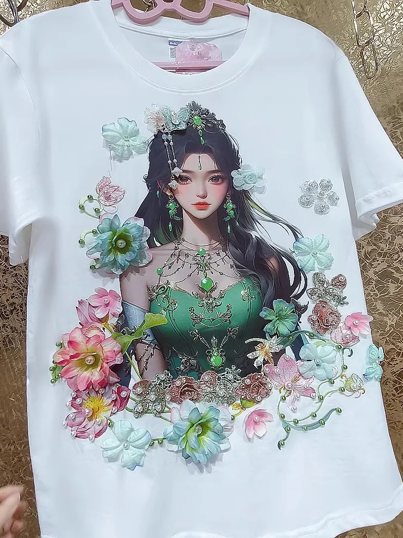 Grote maat L-6XL zomer nieuwe chique zware industrie ronde hals T-shirt meisjes driedimensionale kralen bloem katoen korte mouw top