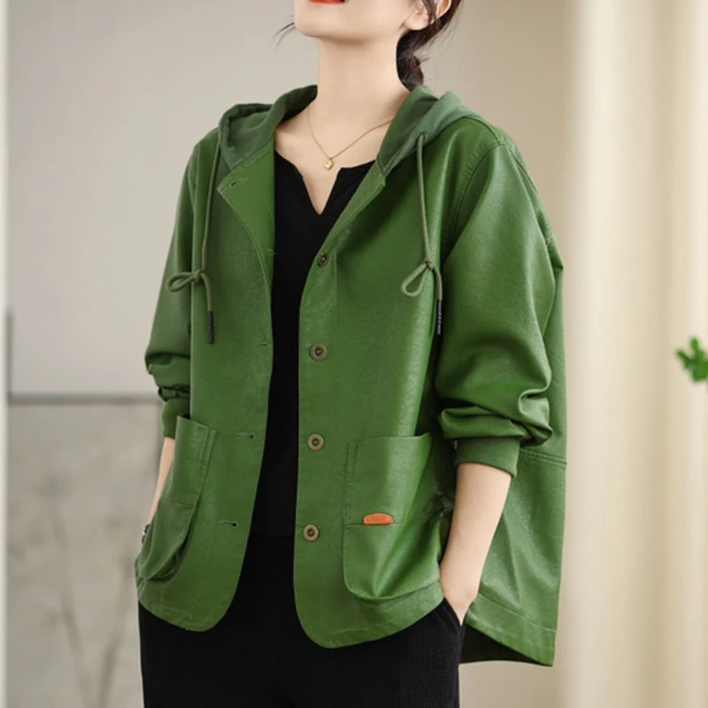 Masss Wasss coreano otoño mujer suelta con capucha ocio moda chaquetas de cuero de imitación mujeres clásico PU abrigos Vintage cortavientos