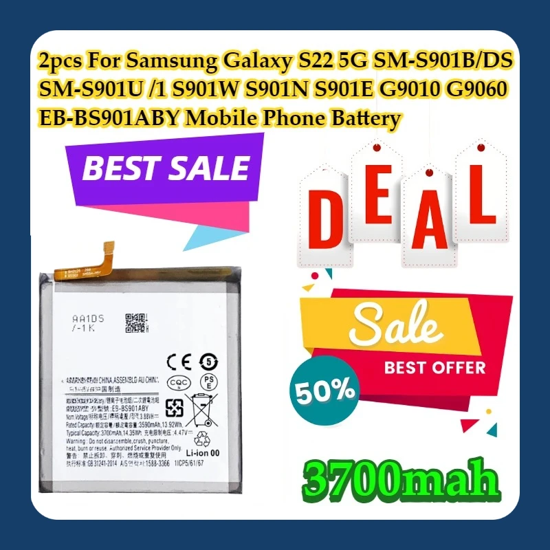 2pcs For Samsung Galaxy S22 5G SM-S901B/DS SM-S901U /1 S901W S901N S901E G9010 G9060 EB-BS901ABY Mobile Phone Battery