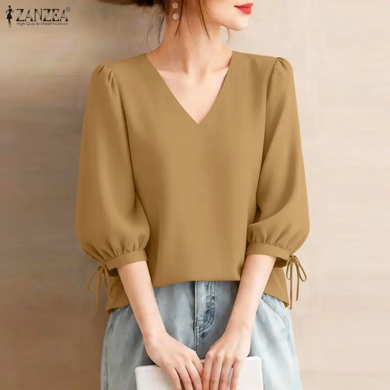 

2026 Summer Solid Color Work Blouse ZANZEA Office Shirt Elegant Women V Neck 3/4 Sleeve Tunic Stylish Casual Holiday Tops Mujer