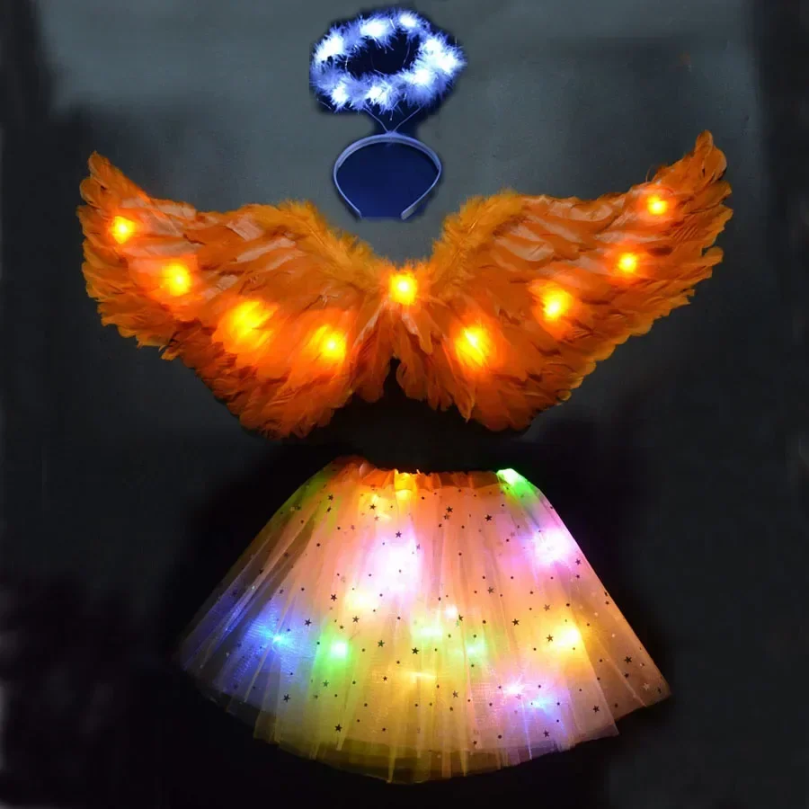 Women Girl Glow Wreath Flower Feather Angel Wing Light Tutu Skirt Halo Party Costume Birthday Christmas Halloween