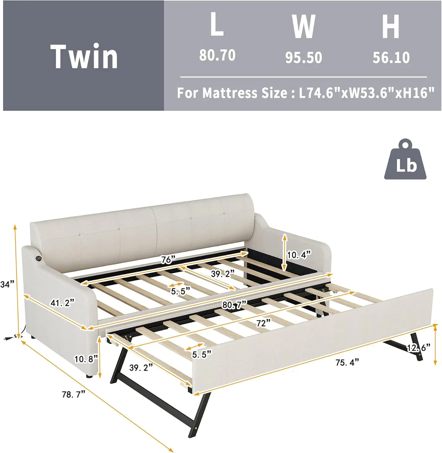 Elegant Daybed with Adjustable Pop Up Trundle and USB Charging Design, Twin Size Sofa Bed with Button Design, Wood