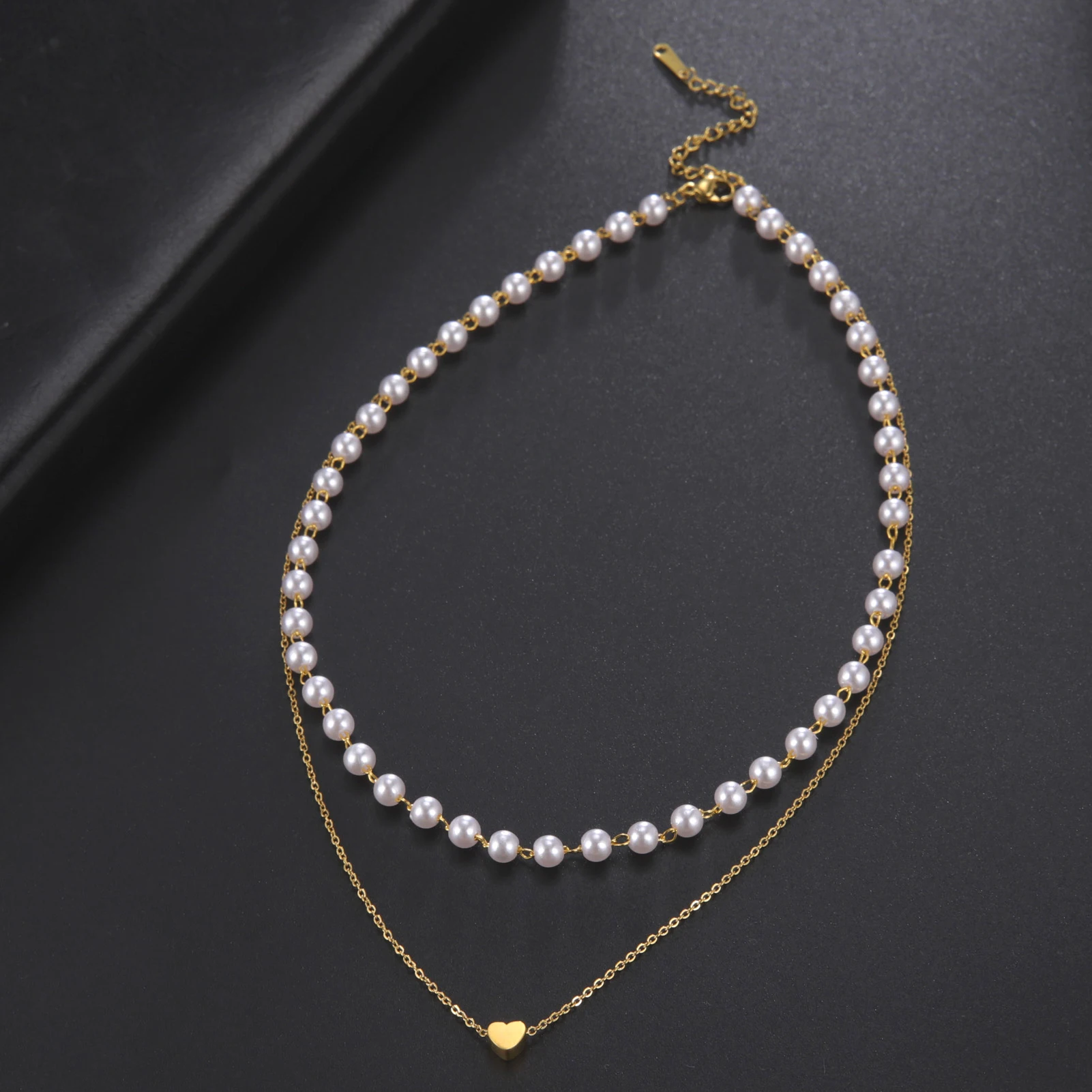 Teamer Popular Beads Neck Chain Imitation Pearl Choker Necklaces Women Stainless Steel Heart Chocker Jewelry On The Neck Pendant