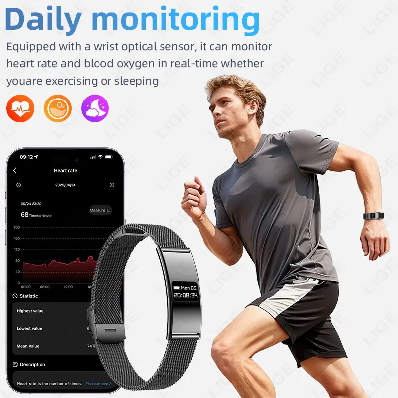 LIGE Utra-thin Sport Band Health Smart Bracelet Pedometer Heart Rate Monitor Smart Watch Call Reminder Fitness Tracker Wristband