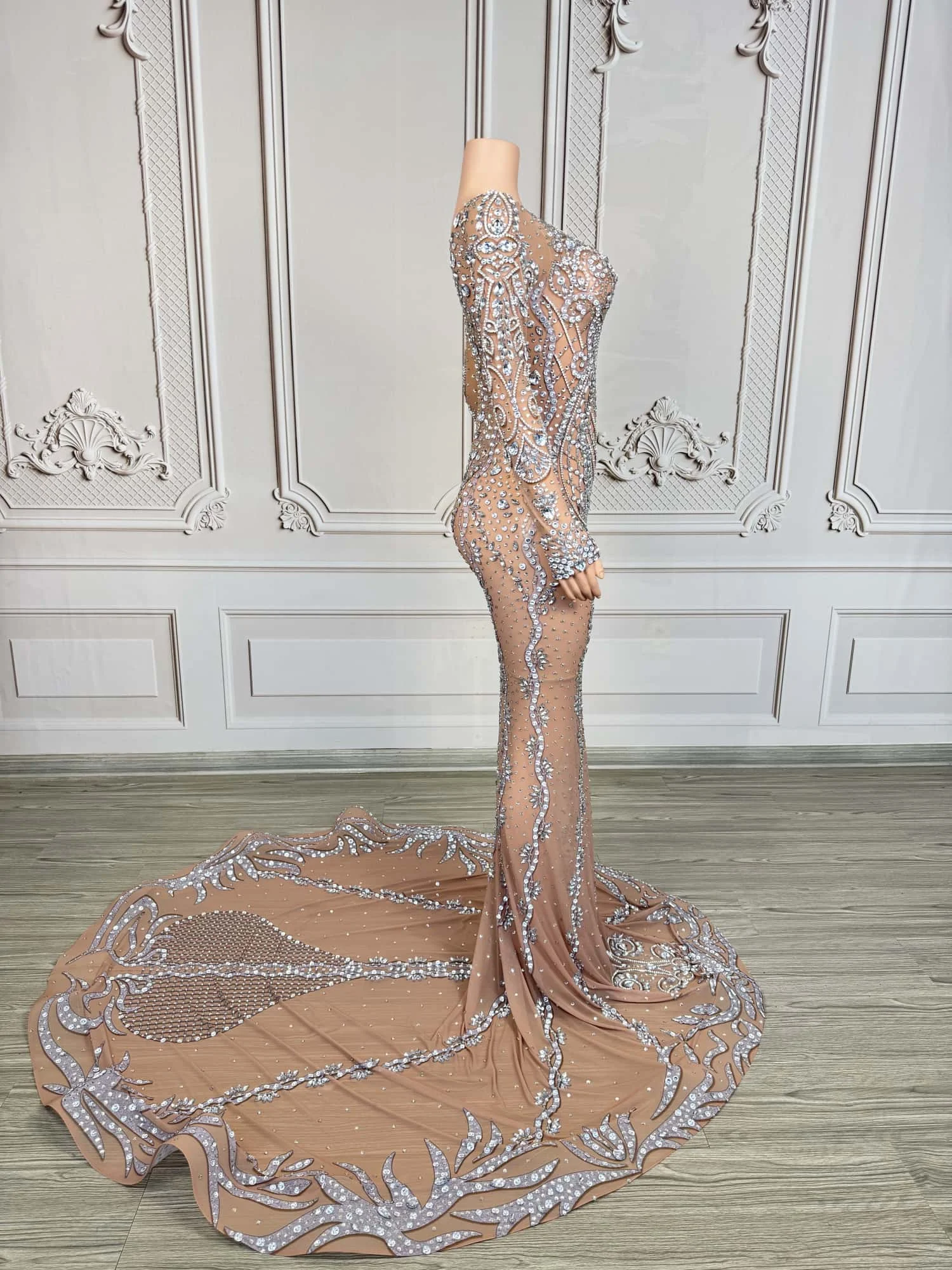 섹시한 아름다움 피쉬테일 이브닝 드레스 화려한 다이아몬드 퍼스펙티브 메쉬 파티 연회 연예인 레드 카펫 런웨이 가운 huacong