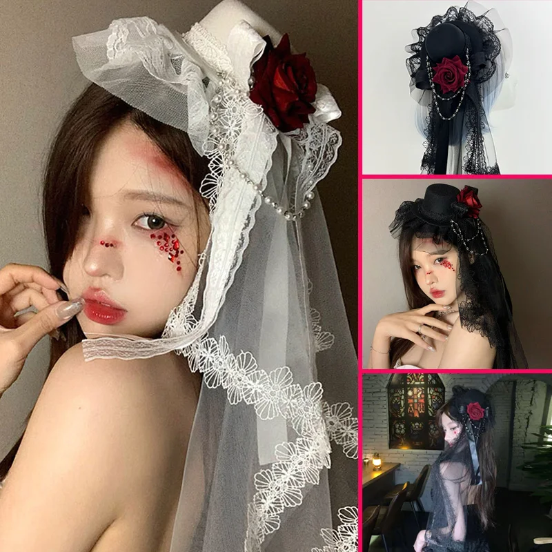 Gothic Chiffon Rose Black White Women's Hat Retro Dark Chain Wedding Party Halloween Cosplay Vampire Luxury Hat Fashion Items