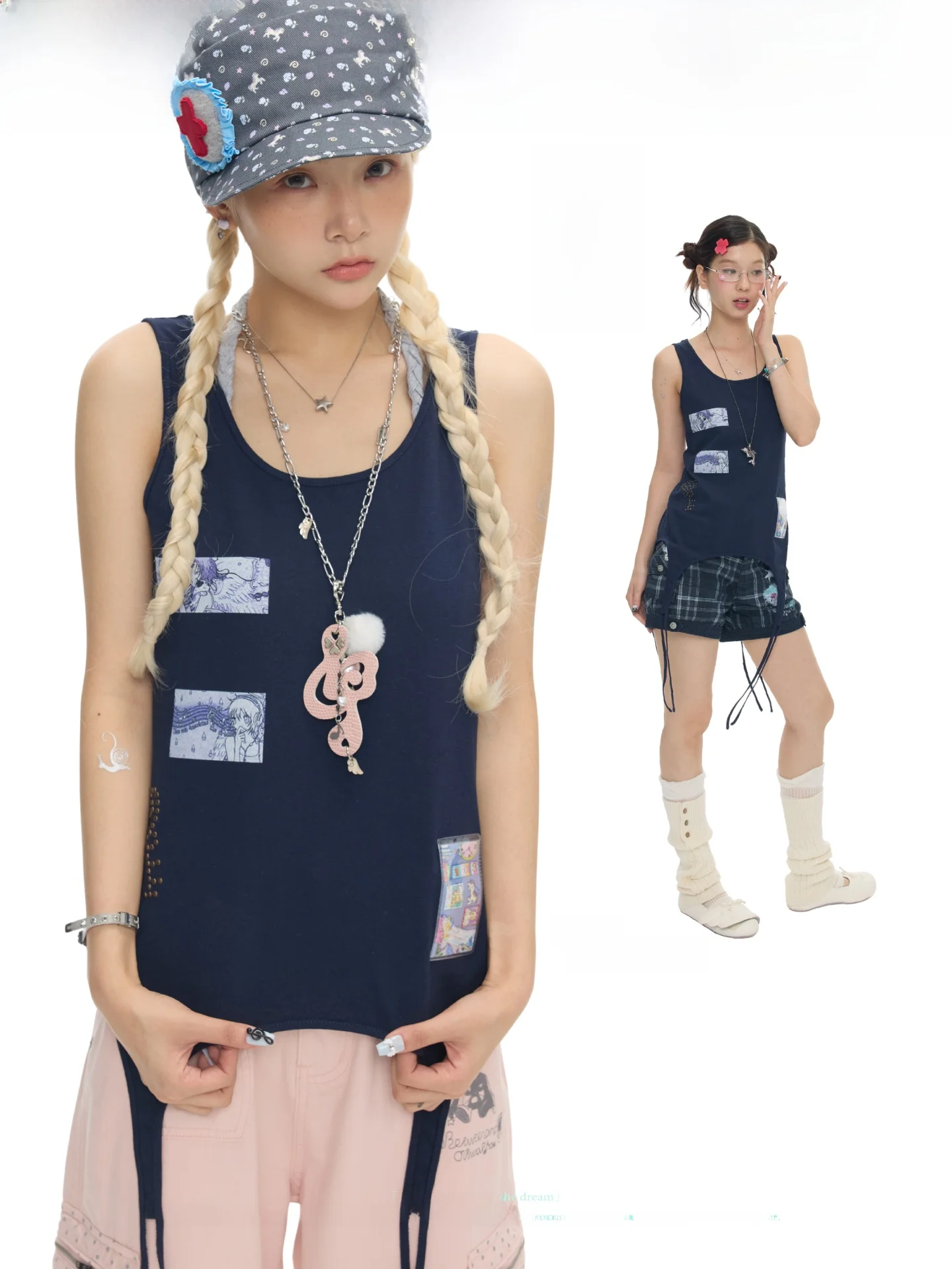 Summer Fog Blue Key Bead Women's Vest Layering Sense Shoulder Strap Cotton Blend round Neck Casual Fashion Betweenand