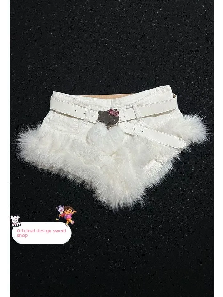 

Handmade Low Waist Patchwork Denim Trendy orts Vintage Retro Sle Slimming Fluffy Trimms Girls Faionable orts
