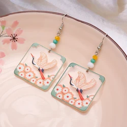 Trendy Transparent Square Acrylic Crane Flower Earrings For Women Elegant Auspicious Style Geometric Square Design Party Jewelry