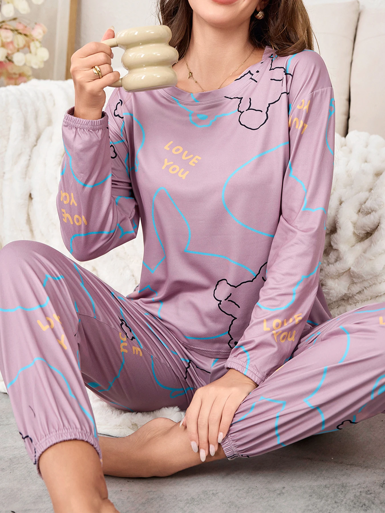 Spring Summer Autumn Winter Women's Round-neck Pullover with Button Closure Cartoon Bear Print Long-Sleeved Pants for Casual Hom