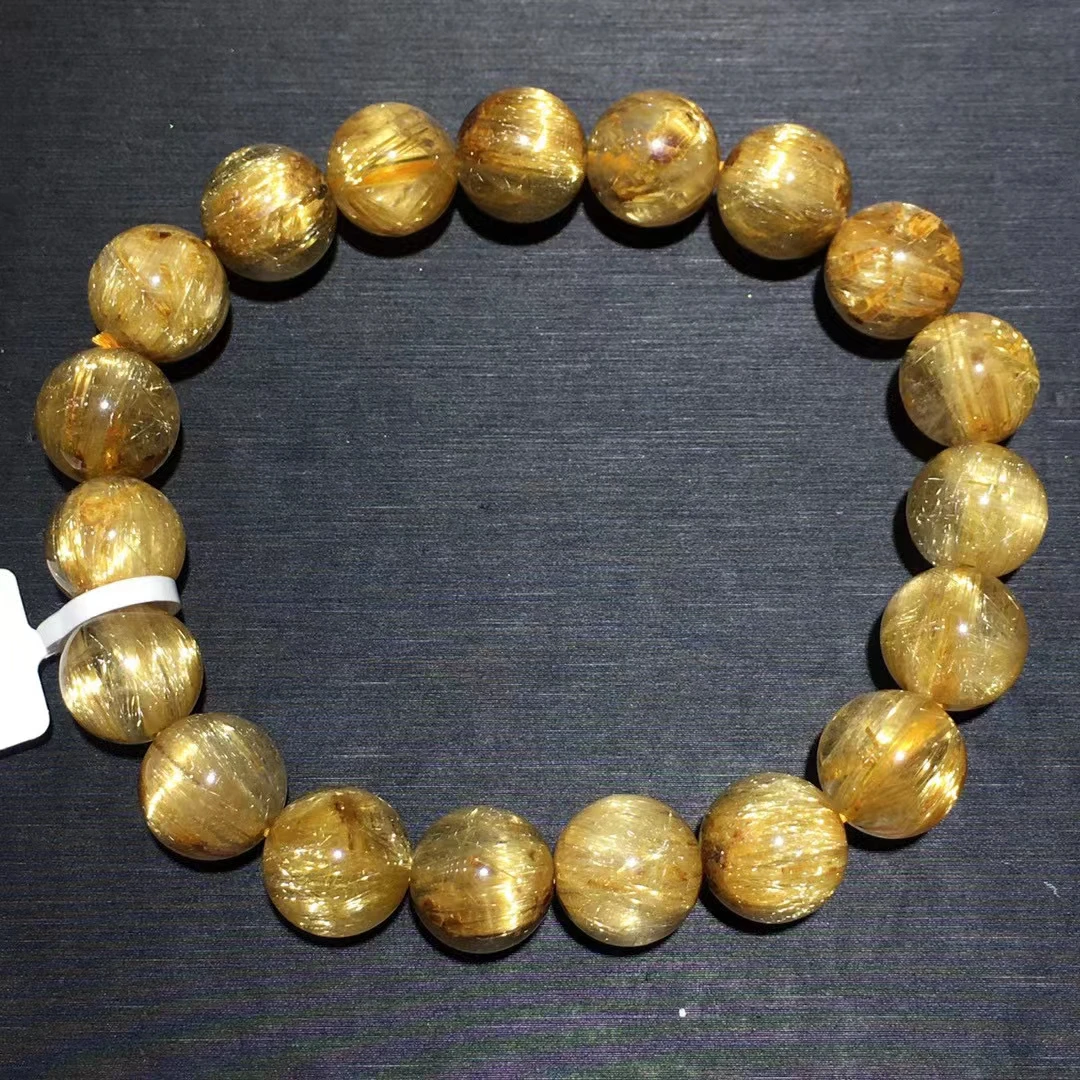 Natural Gold Rutilated Quartz Round Beads Bracelet Women Men Brazil 11.2mm Yellow Rutilated Cat Eye Wealthy Stone AAAAAA