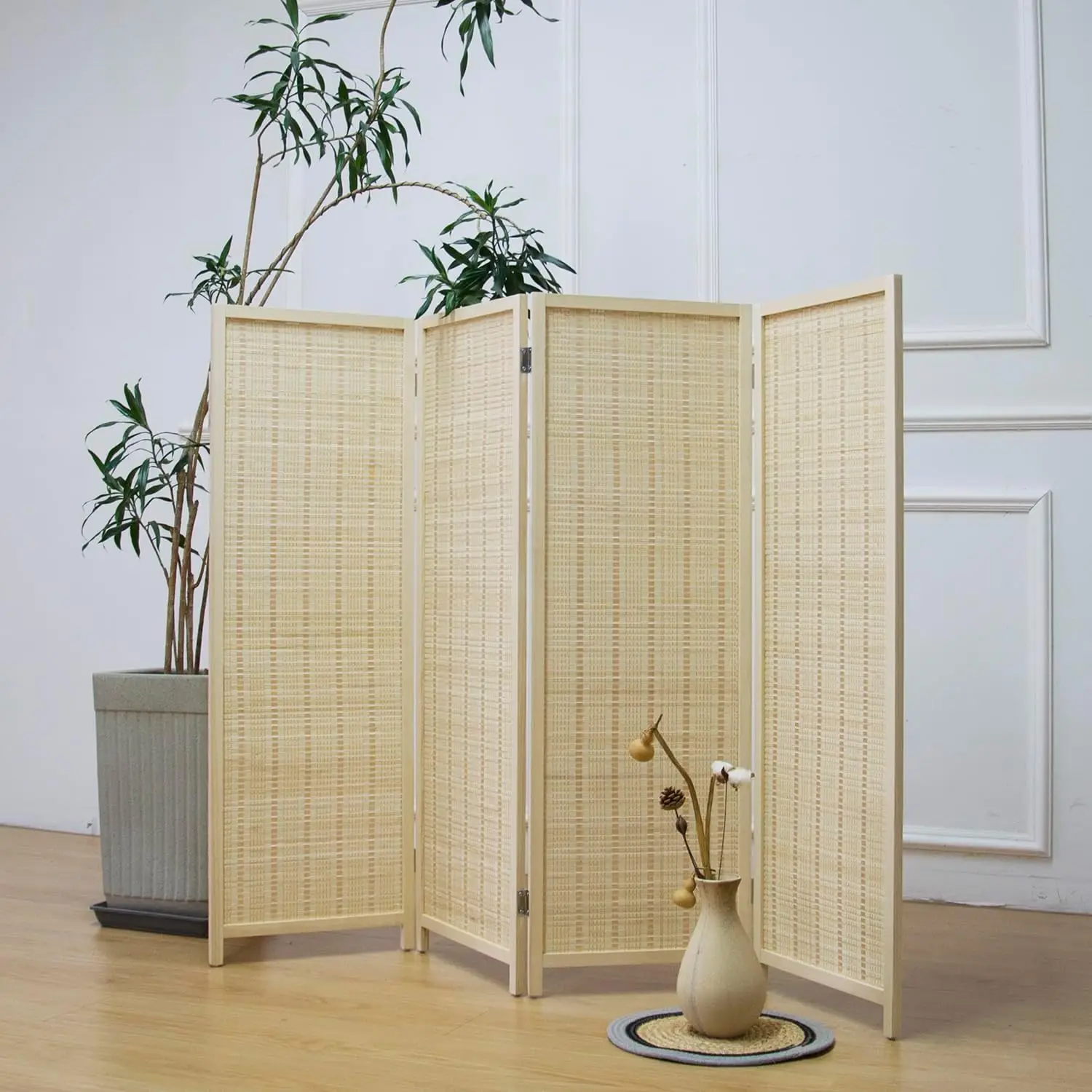 

4 Panel Short Room Divider Screen,Beige Freestanding Partition,Small Bamboo Panel Divider for Room Seperation,3.95 FT Ta
