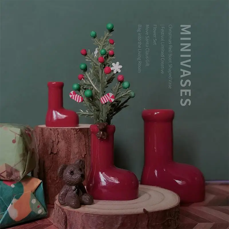 Mini Christmas Little Red Boots Shaped Rubber Vase Creative Desktop Dollhouse Toy for Micro Garden Decor