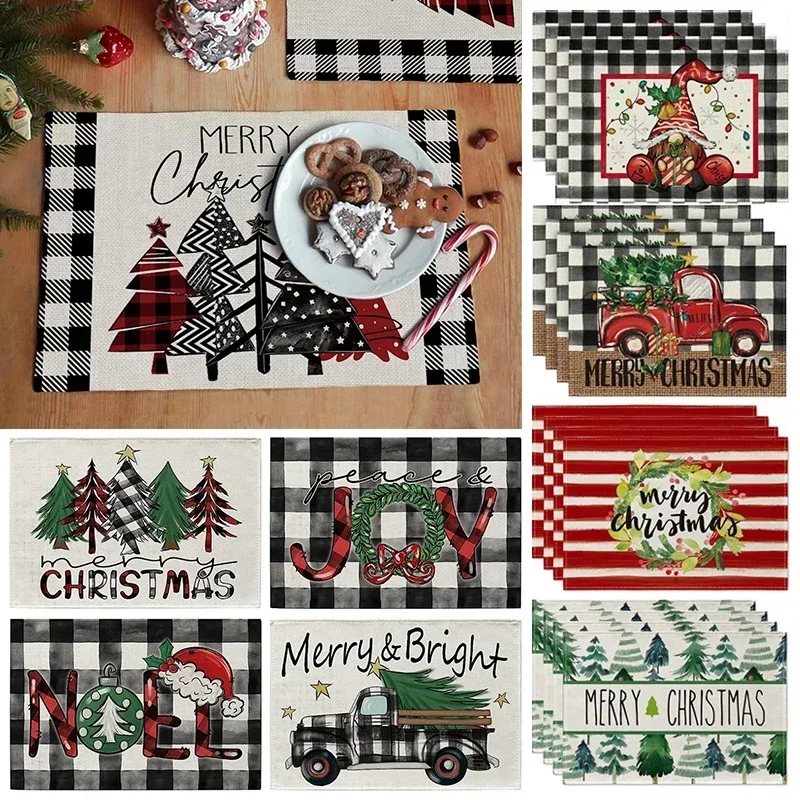 4Pcs Christmas Placemats Xmas Tree Snowman Pattern Table Mat Coaster Bowl Coffee Cup Pad Mat New Year Home Kitchen Decor