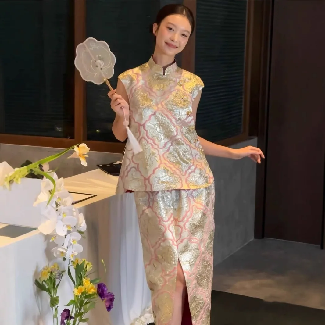 

New Toast Suit Vest Jacquard Vintage Back-to-Door License Waistcoat Chinese Style Top Cheongsam and Dress