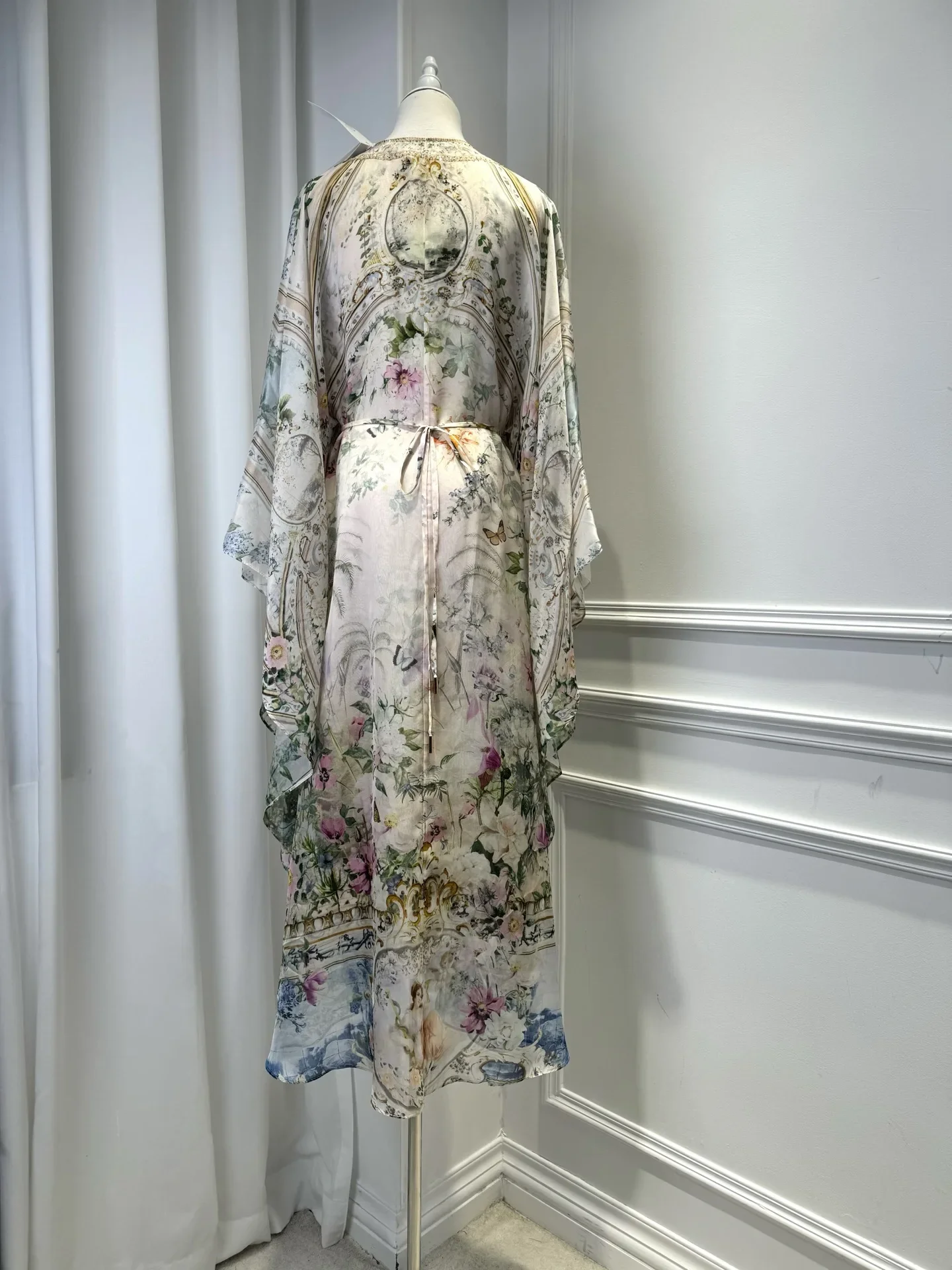 Robe Maxi en soie imprimé floral pour femmes, nouvelle collection 2021, perles lourdes, col en v, manches évasées, Robe ample