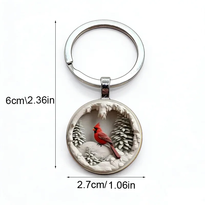 New Product Creative Elegant Red Cardinals Snow Scene Pattern Round Zinc Alloy Keychain Jewelry