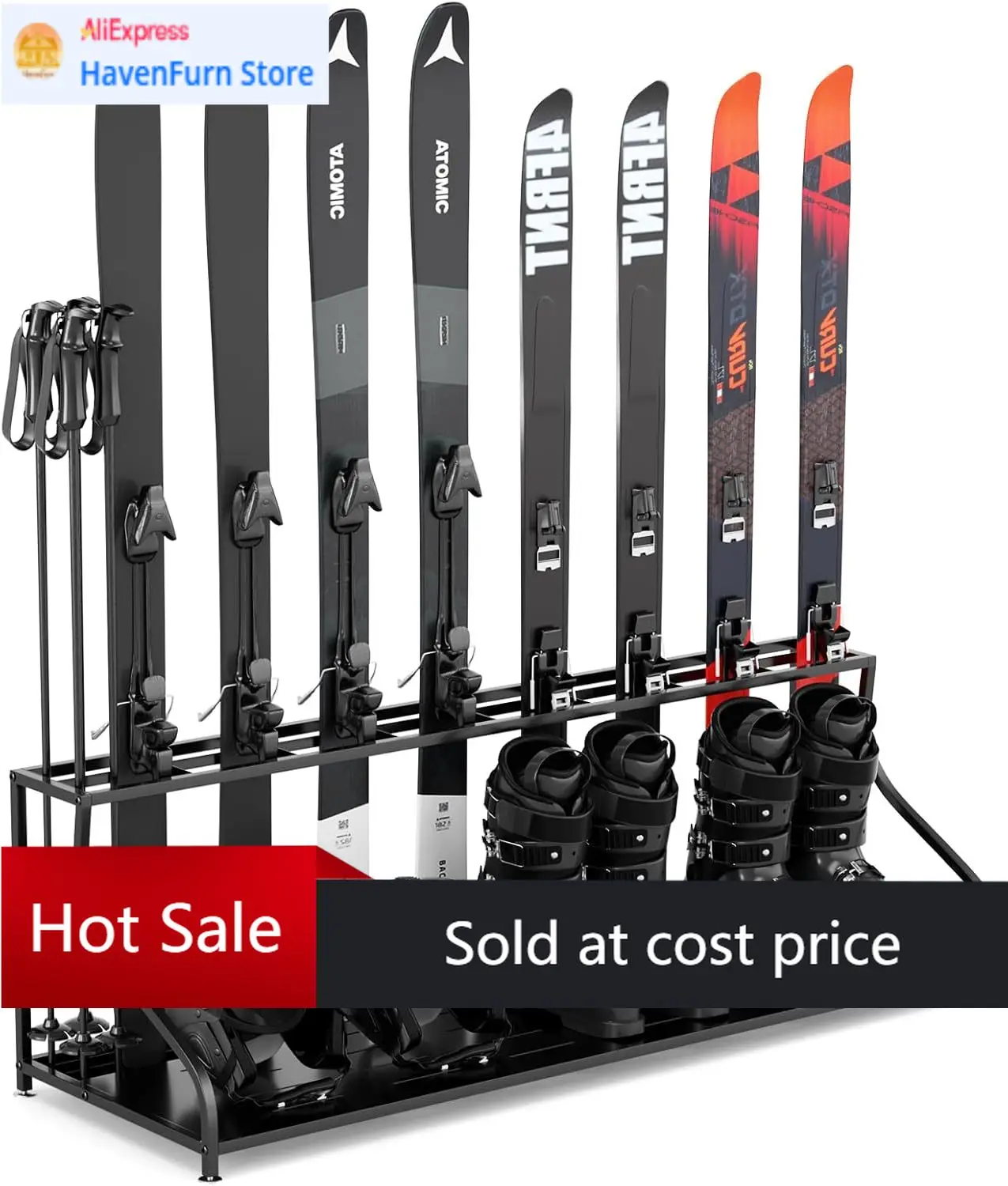 Precio de oferta: Soporte de almacenamiento de esquís para garaje - Organizador de equipo de esquí independiente, soporte para botas de esquí y tablas de snowboard, almacenamiento de equipo de nieve