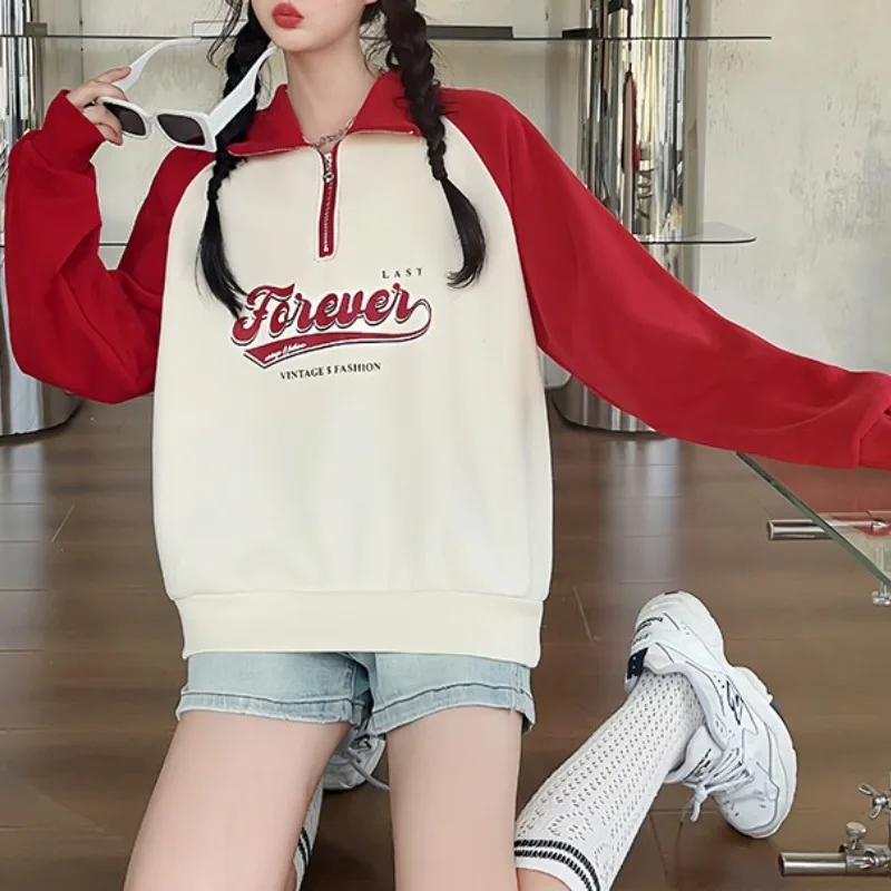 Autumn and Winter Women's Standing Neck Zipper Pullover Colorblock Printed Sweater Casual Sports Fashion Long Sleeve Tshirt Tops