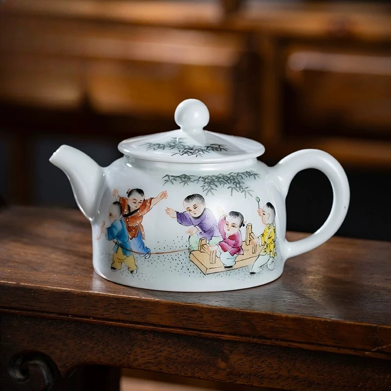 

Ceramic teapot single pot, Jingdezhen hand-painted pastel baby play picture, Kung Fu tea 200ml brewing teapot