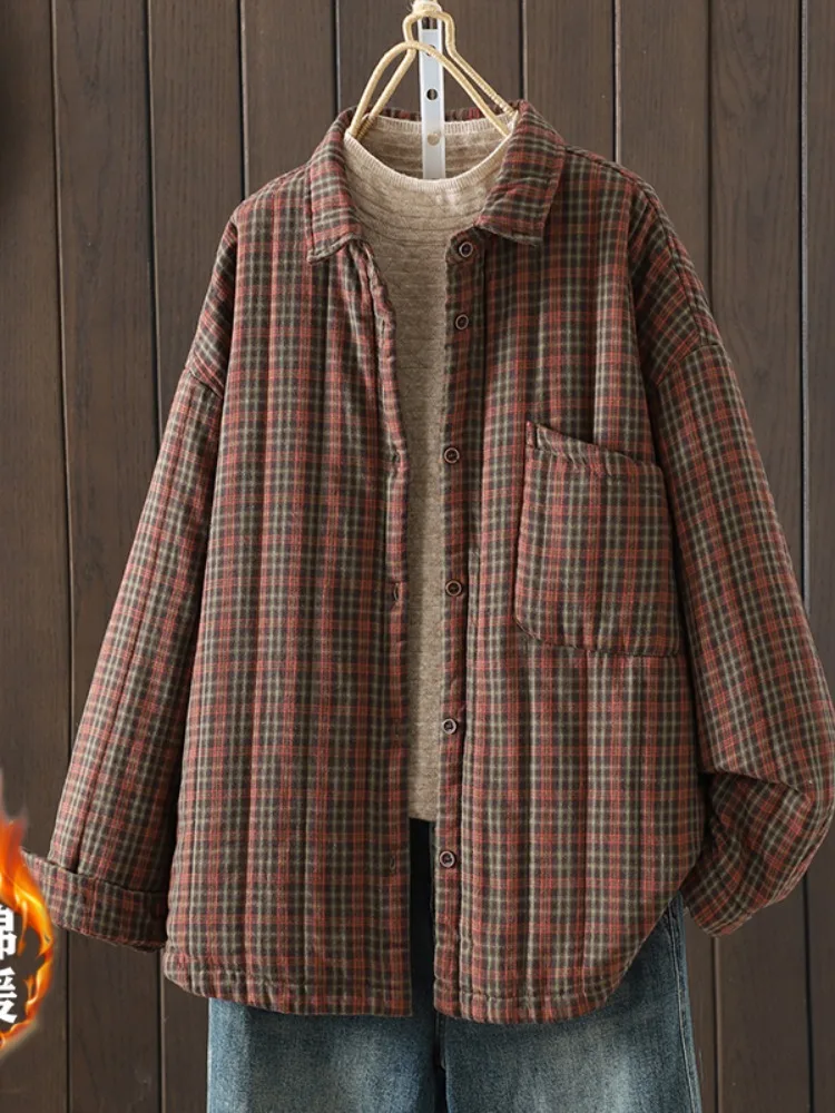 

Модная клетчатая хлопковая женская зимняя теплая верхняя одежда из тонкого хлопка с воротником-майтом Long Sve Regular...