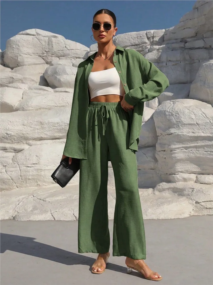 

Fashion Woman Long Sleeve Button Shirt Elastic Waist Wide Leg Pants 2Piece Sets Women Casual Two Piece Set Spring Autumn Outfits