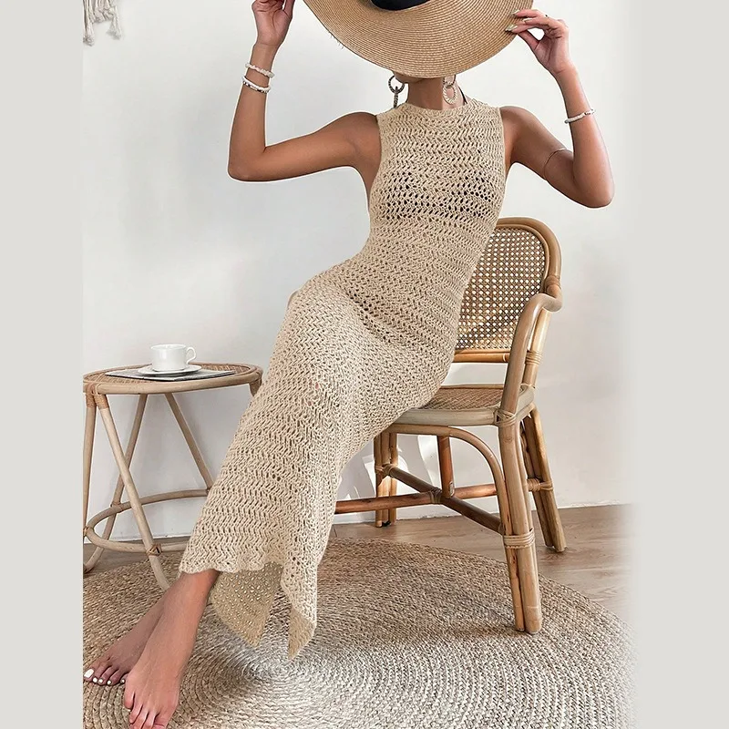 

Fashion Elegant Hollow Out Dress Summer Round Neck Sleeveless Beach Vestidos Solid Color Bohemia Sleeveless Slim Fit Dress Y2k