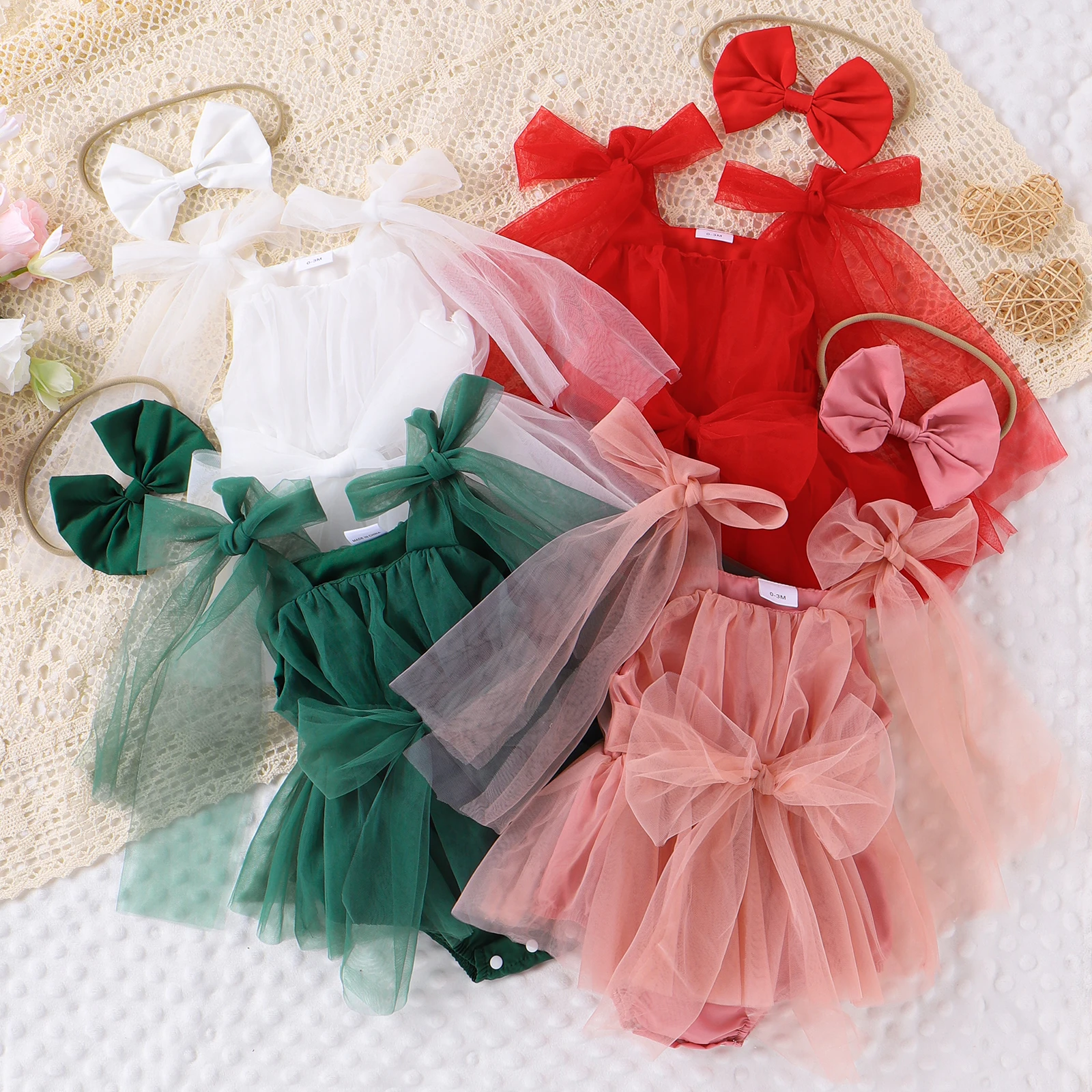 2PCS Summer 0-2 Year Old Baby Girls Soft And Comfortable Fresh And Simple Multi-Colored Lace Skirt Mesh Dress + Headwear