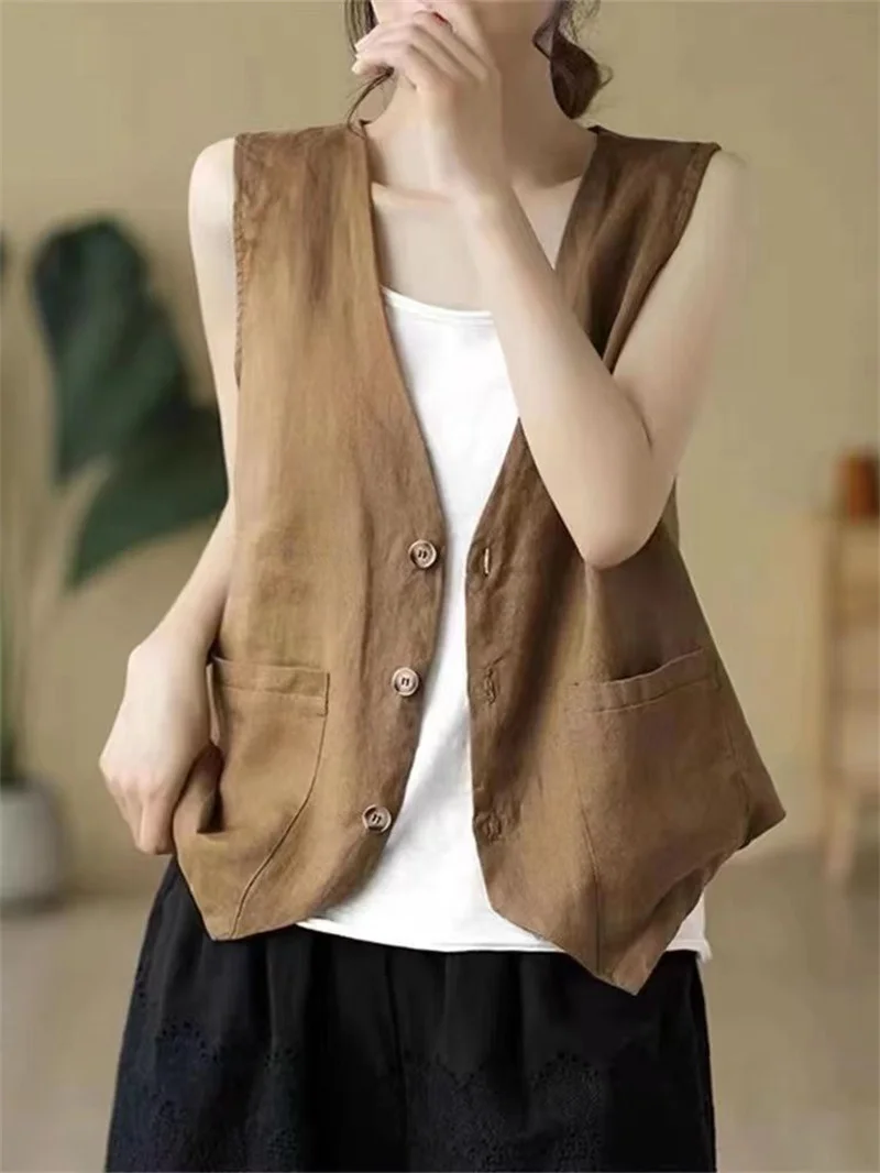 2025 Retro Loose Waistcoat Lady Outerwear Single Row Buckle Cardigan Vest Women Coat Solid Color Short Sleeveless Female Jacket