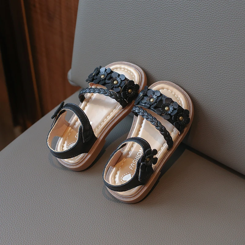 COMFY KIDS Girls Braided 3D Flower Princess Sandals, Hook-and-Loop Soft Elastic Non-Slip Wear-Resistant Cowhide Sole Lightweight