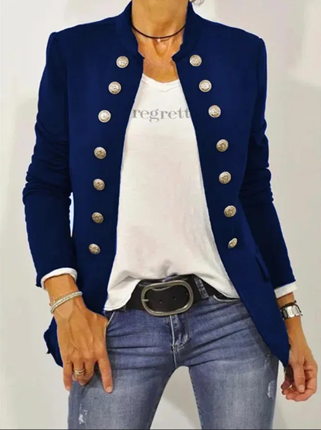 Fall 2023 solid black gray green/navy blue jacket Women long sleeve stand collar button decoration open stitch coat