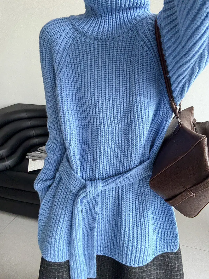 European goods thick line turtle neck women's new split French waist-pinching sweater long butt-covering top