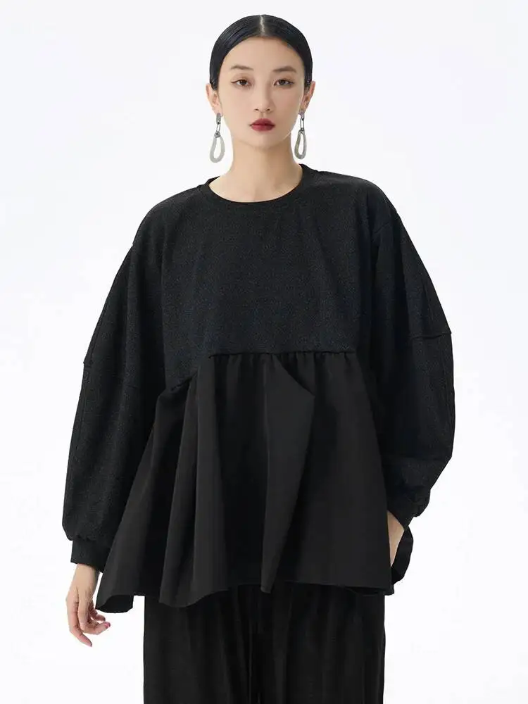 

Женская плиссированная футболка большого размера в черный горошек, новая модная футболка с круглым вырезом и длинным рукавом, весна-осень