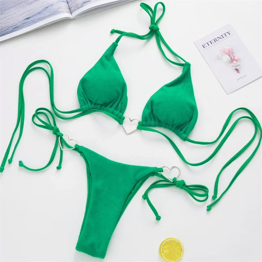 Green Bikini Thong Set Heart Sexy String Micro Extreme Swimsuit Y2K Women Beach Swimwear Two Piece Bathing Swimming Suit Bikinis