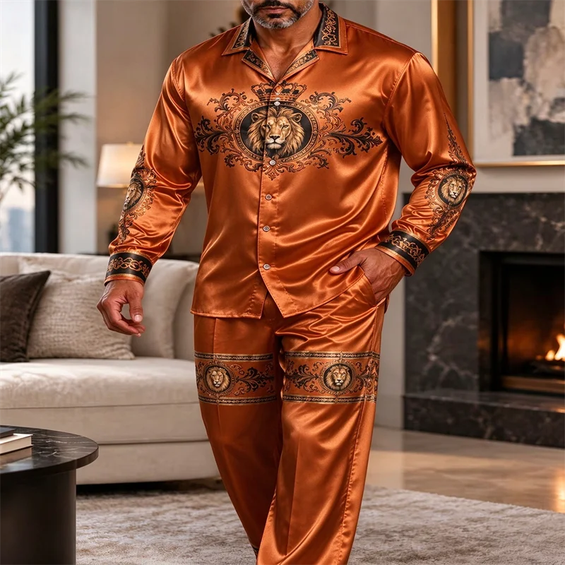 Men's Baroque Lion Crown Print Satin 2 Piece Set Long Sleeve Button Down Shirt + Pants Male Casual Loungewear Nightwear Pajama S