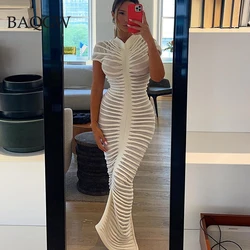 Designer Women Elegant Striped Hollow Out Sexy Party Club Evening Streetwear Bodycon White Knitted Long Dresses Summer Clothes