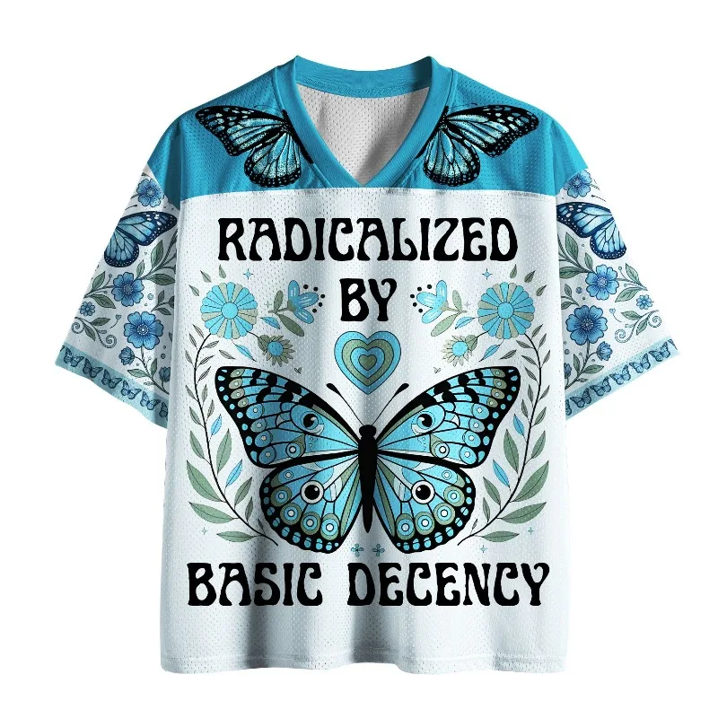 Evolved By Basic Dignity - Chemise à manches courtes en maille rétro américaine, style bohème, col en V ample, motif papillon bleu